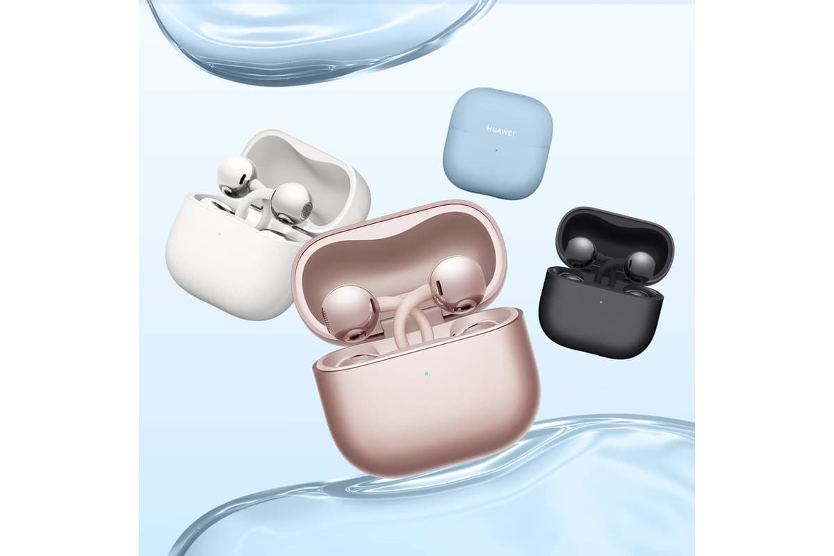 Wireless earbuds with charging case — blue, white, black, and rose gold