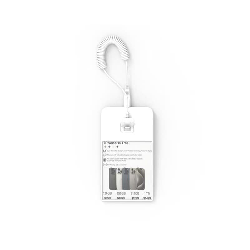 Price tag holder for security display stand — iPhone 15 Pro spec card